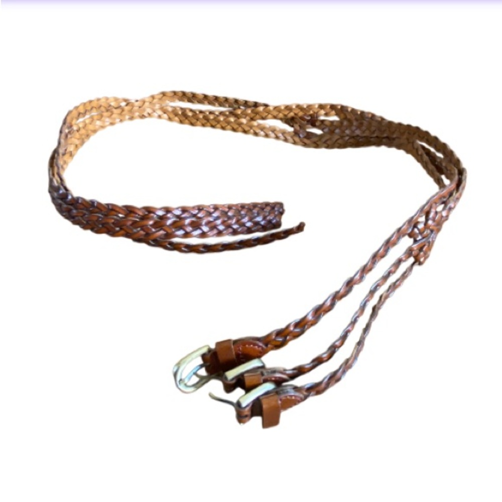 NWOT Triple Strand Solid Brass Triple Buckle Woven Leather Belt  Size L (40”) - Picture 3 of 6